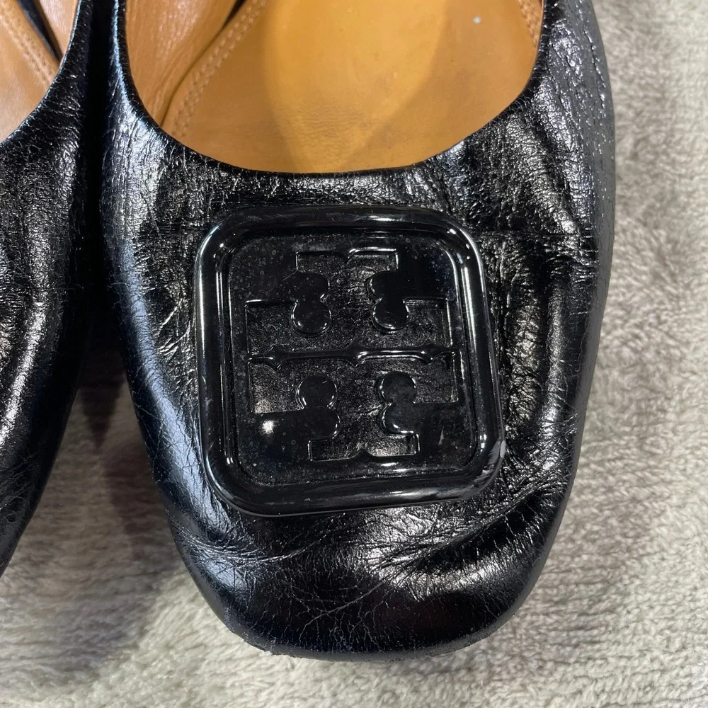 Tory Burch Claire Ballet Flats Womens‎ 9.5 Black Leather Square Toe Enamel Logo